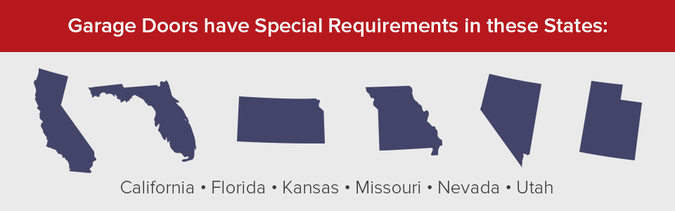 Garage doors have special requirements in California, Florida, Kansas, Missouri, Nevada & Utah.