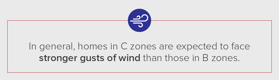 In general, homes in C zones are expected to face stronger gusts of wind than those in B zones.